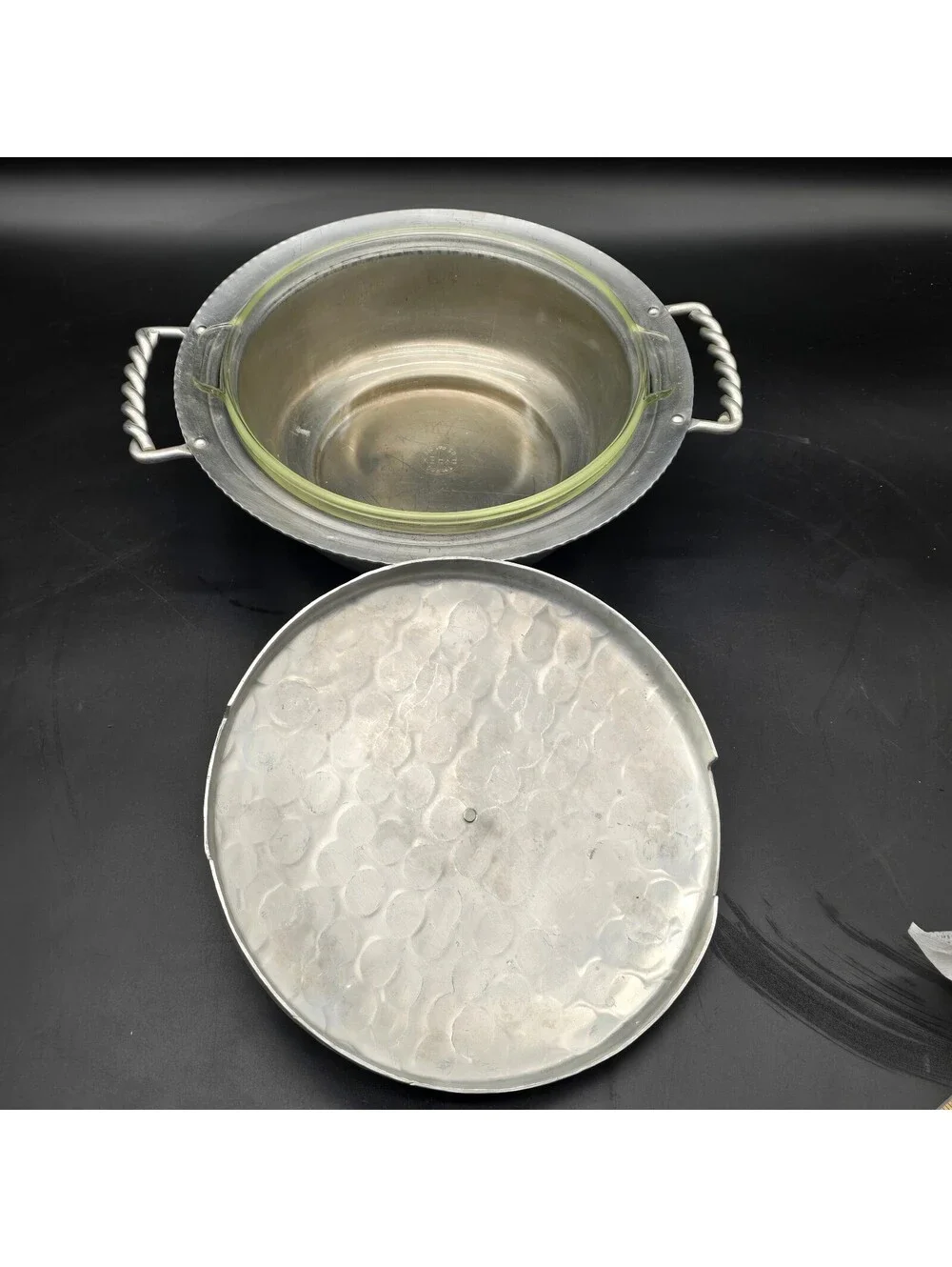 Mid Century Buenilum Hand Wrought Aluminum Covered Serving Dish Pyrex Insert